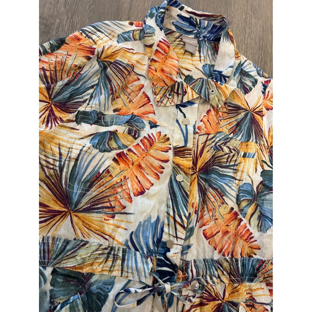 Chicos Tropical Leaf Print Linen Utility Shirt Jacket Drawstring Waist Size 3 XL - Picture 5 of 9